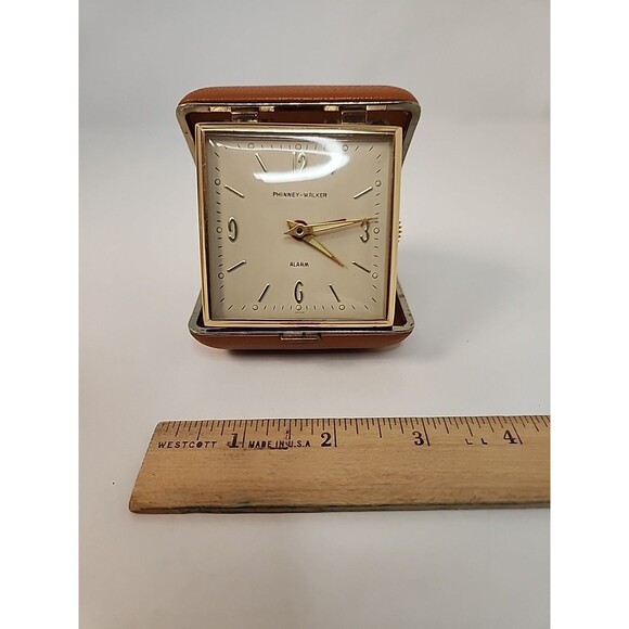 Vintage Phinney-Walker Folding Travel Alarm Clock  Japan Leather Case - Picture 14 of 16